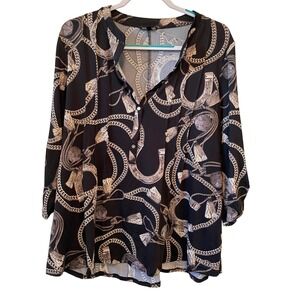 Ava & Grace 2X Stretchy A-Line Roll Tab Sleeve Tunic Black‎ Equestrian Print